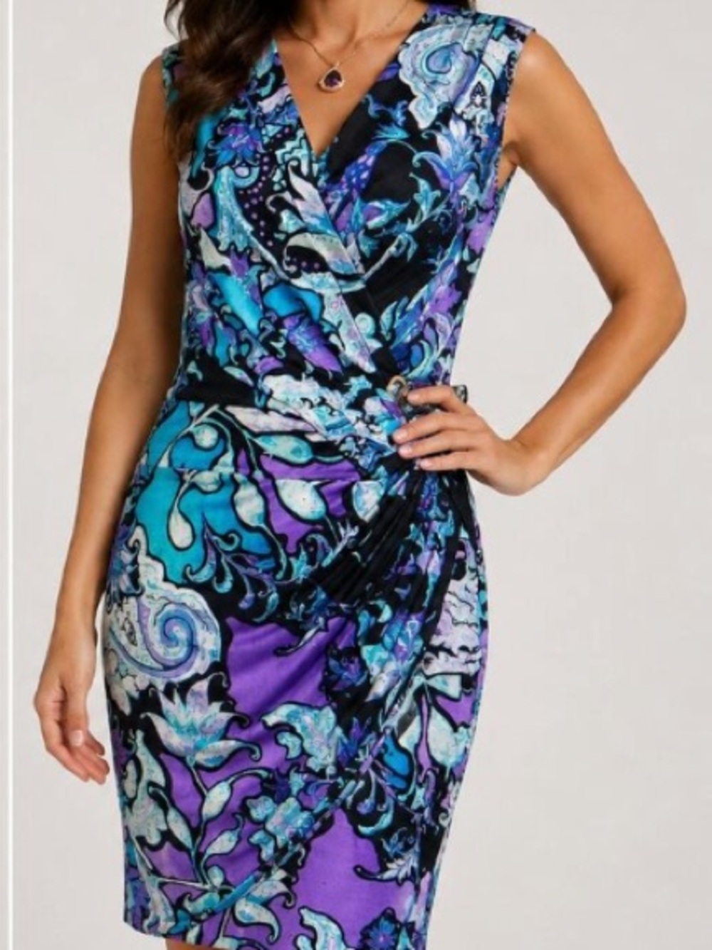 Cache Paisley Faux Wrap Dress in Blue & Purple